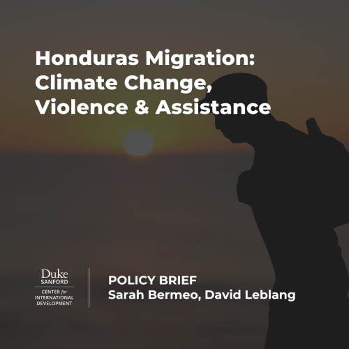 Silhouette of man wearing a cap and backpack with a sunset in the background. Text reads: Honduras Migration: Climate Change, Violence & Assistance. Policy Brief. Sarah Bermeo, David Leblang. Duke Center for International Development.